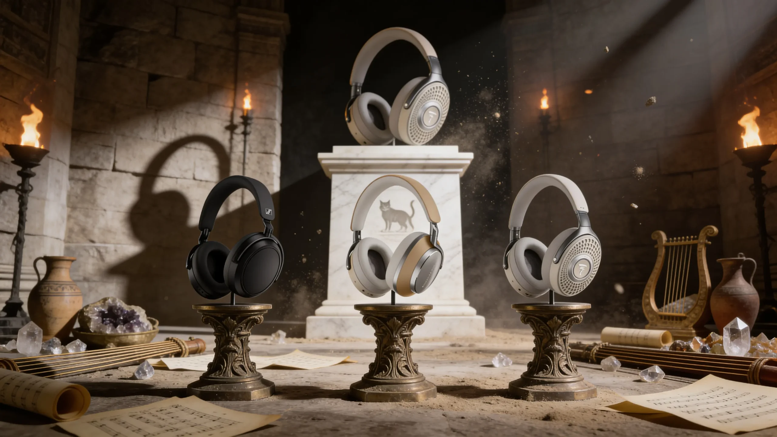 Scriptorium romain luxueux avec trois casques audio premium éclairés au premier plan, un casque de référence en retrait dans l'ombre, torches romaines, rouleaux musicaux, grain 35mm.