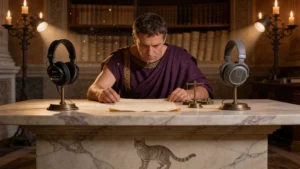 Ingénieur audio romain examinant deux casques de studio sur table de marbre à la lumière de chandelles, avec instruments de mesure et parchemin de verdict