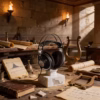 Atelier acoustique romain avec casque de monitoring sur socle en marbre, entouré de partitions et d'instruments anciens, éclairage dramatique aux torches