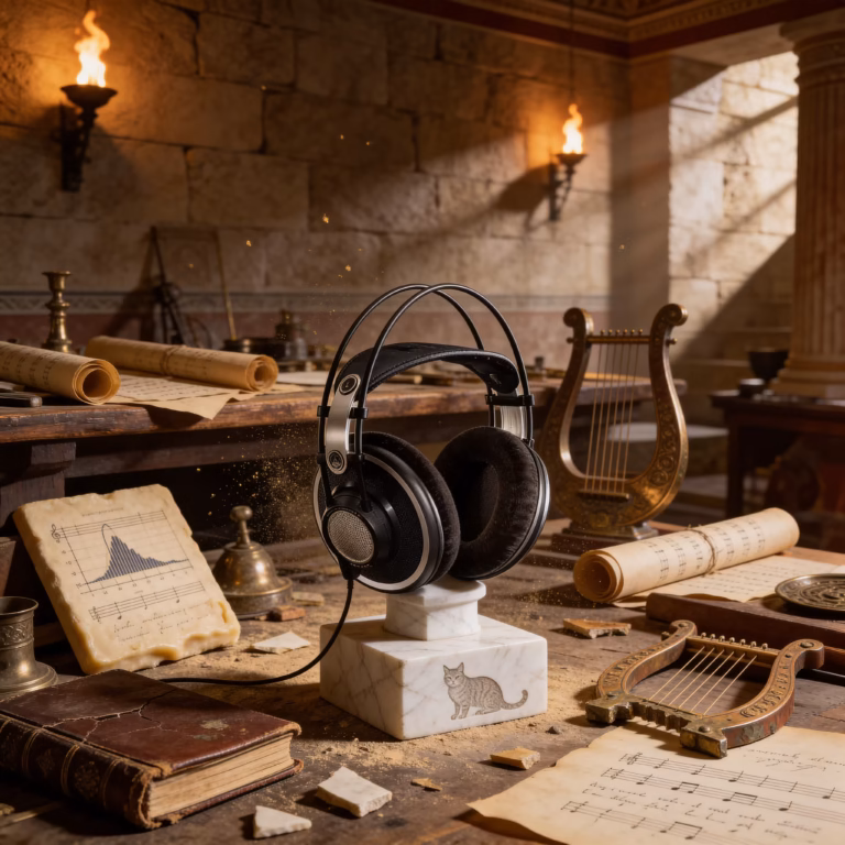 Atelier acoustique romain avec casque de monitoring sur socle en marbre, entouré de partitions et d'instruments anciens, éclairage dramatique aux torches