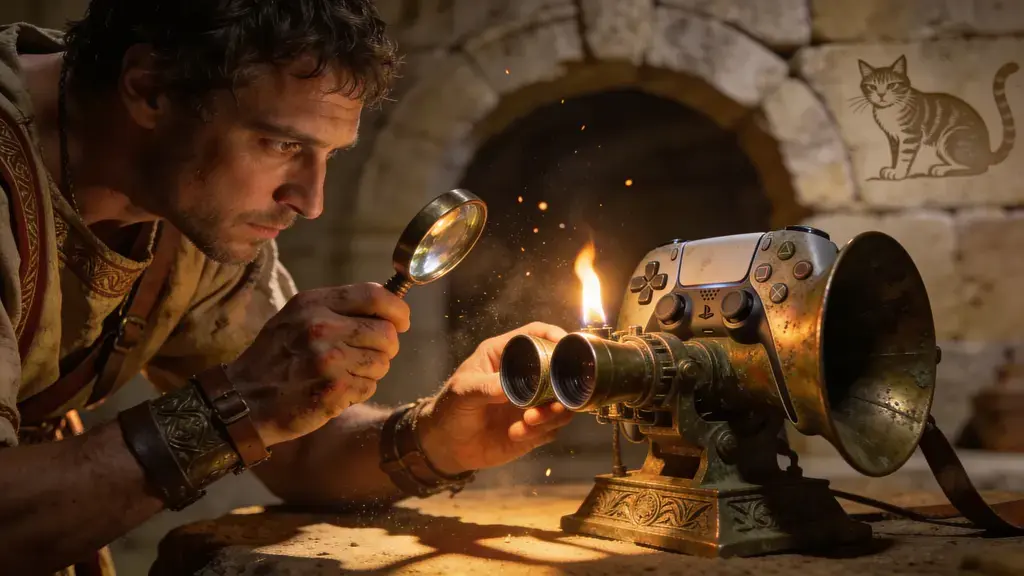 Ingénieur romain examinant un dispositif audio antique en torchlight, mains sur le mécanisme, grain 35mm