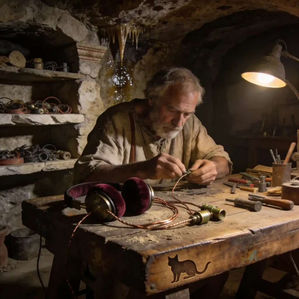 AKG k702 : l'analyse de la référence du monitoring 11 Artisan romain dans les catacombes restaure des composants d'usure : coussinets velours, câbles cuivre, connecteurs bronze, lumière de lampes à huile