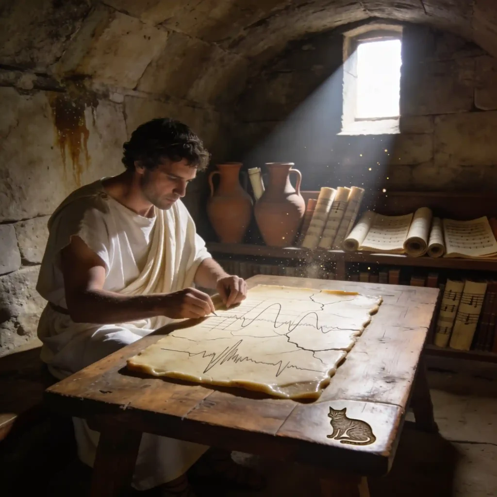 AKG k702 : l'analyse de la référence du monitoring 6 Scribe romain dans un scriptorium souterrain examinant des courbes de fréquence sur tablettes de cire, lumière dramatique zénithale