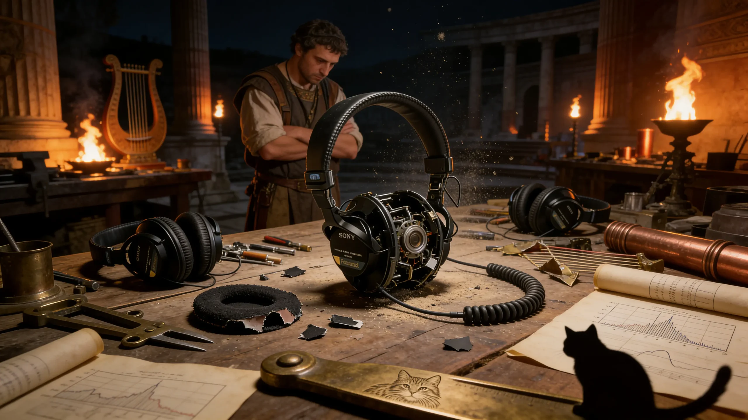 Atelier romain nocturne : casque de monitoring démontré sur établi entouré d'outils acoustiques antiques, ingénieur observant les défauts, torches créant des ombres dramatiques