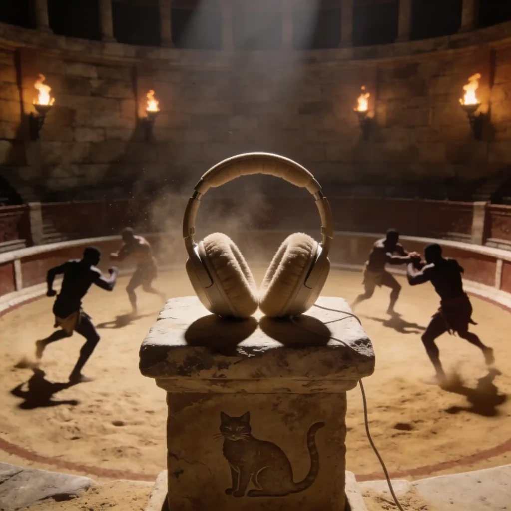Arène romaine d'entraînement. Casque Audio-Technica ATH-R70x reposant sur un socle de pierre au centre, coussinets épais visibles. Athlètes romains en silhouette s'entraînant sur la piste circulaire. Torches murales, sable usé.