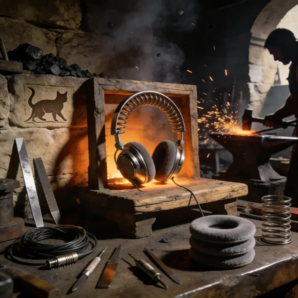 Atelier de forge romaine. Casque Beyerdynamic DT 900 Pro X reposant sur un établi en bois usé, arceau en acier brillant sous la lumière des braises. Outils de précision, ressorts, coussinets velours gris, câbles mini-XLR. Fumée de charbon.