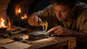 Ingénieur romain penché sur un Qudelix 5K partiellement démonté dans un atelier souterrain, examinant les défauts de connexion Bluetooth et USB sous lumière de torches.