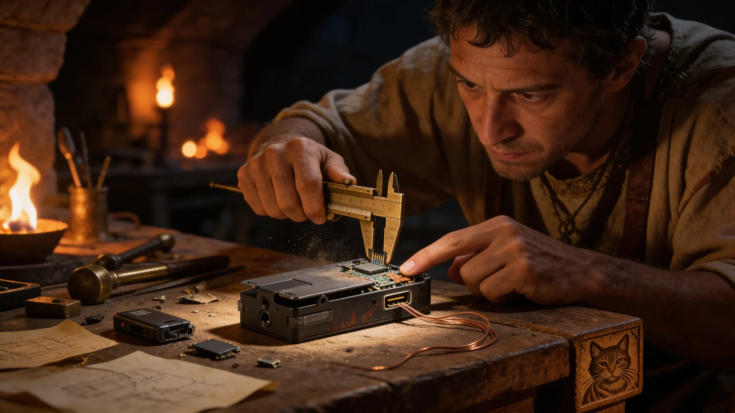 Ingénieur romain penché sur un Qudelix 5K partiellement démonté dans un atelier souterrain, examinant les défauts de connexion Bluetooth et USB sous lumière de torches.