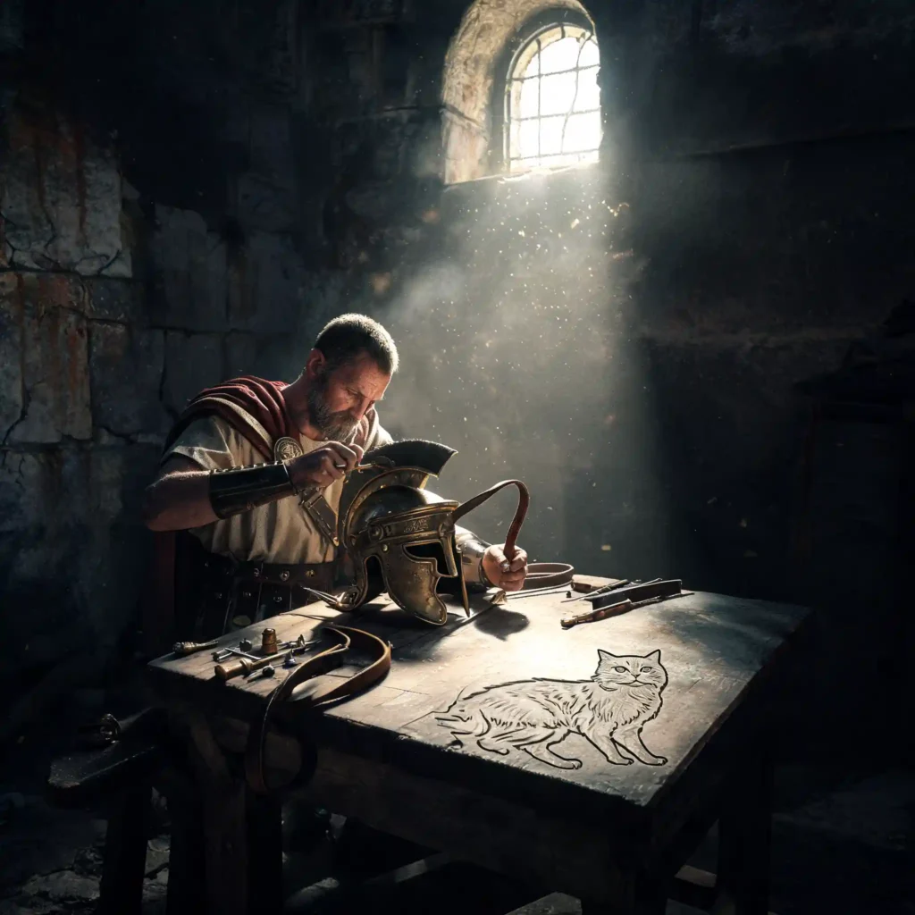 Veteran romain calibrant un casque antique dans un atelier militaire, mains en action sur les sangles, lumière rasante dramatique, grain 35mm