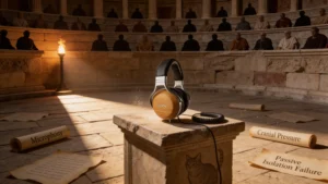 Casque Denon AH-D9200 en bambou exposé sur un podium de tribunal romain, accusé de défauts ergonomiques et acoustiques, sous jugement de sénateurs silhouettés.