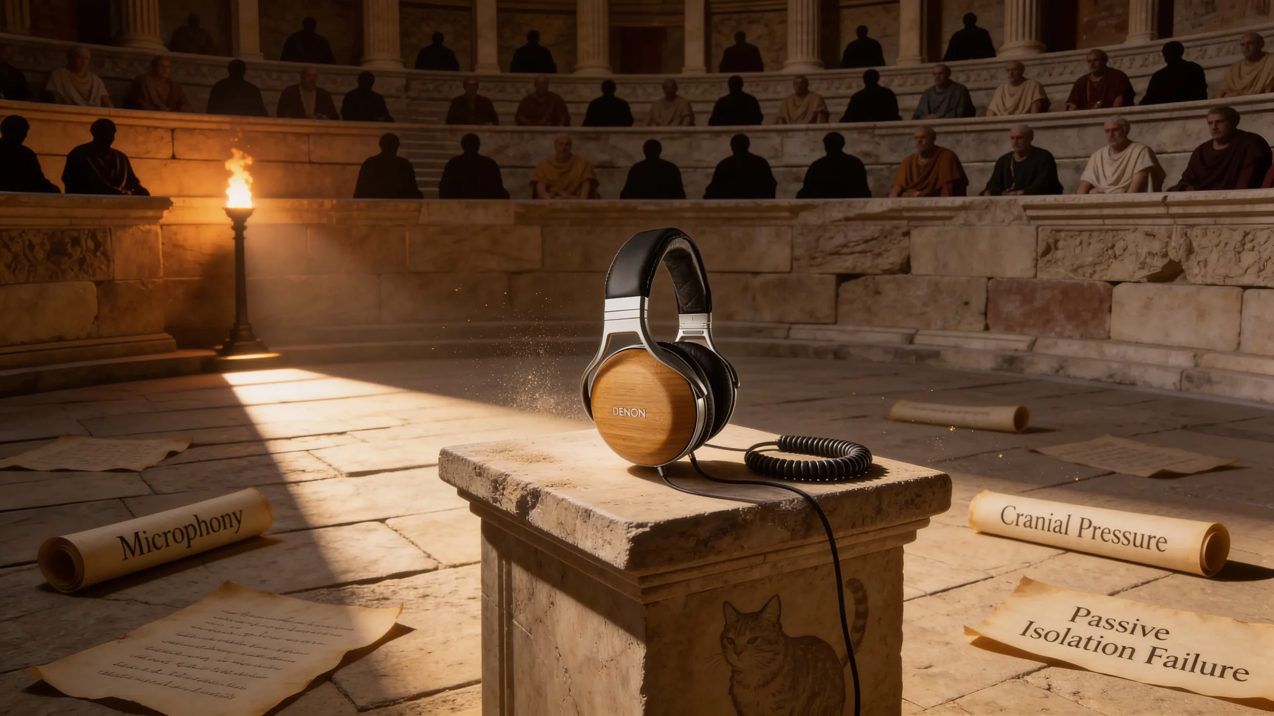 Casque Denon AH-D9200 en bambou exposé sur un podium de tribunal romain, accusé de défauts ergonomiques et acoustiques, sous jugement de sénateurs silhouettés.