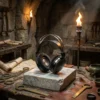 Casque audio ouvert FiiO JT3 posé sur socle de marbre dans une crypte romaine transformée en atelier acoustique, éclairage dramatique à la torche, silhouette de chat sibérien gravée dans la pierre