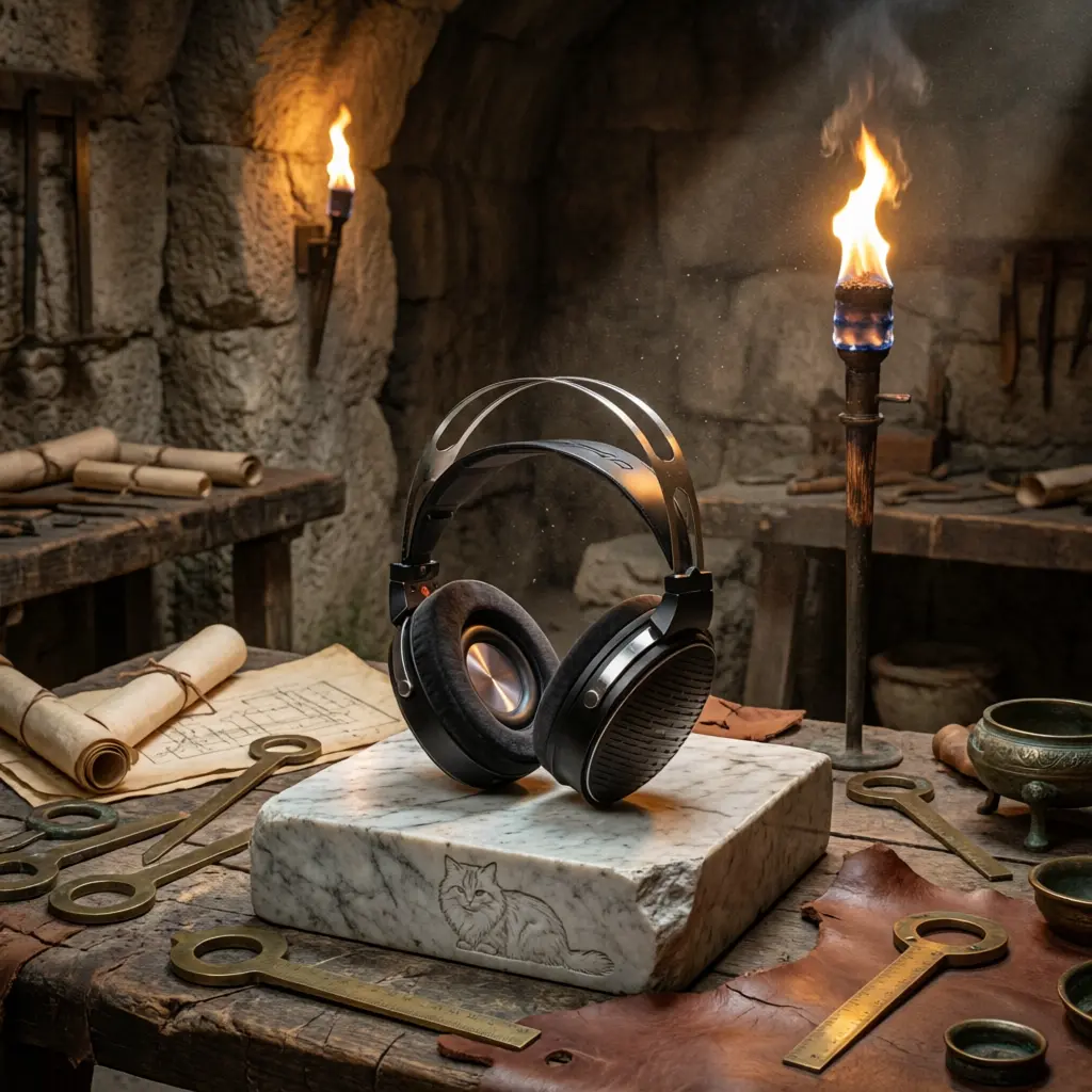 Casque audio ouvert FiiO JT3 posé sur socle de marbre dans une crypte romaine transformée en atelier acoustique, éclairage dramatique à la torche, silhouette de chat sibérien gravée dans la pierre