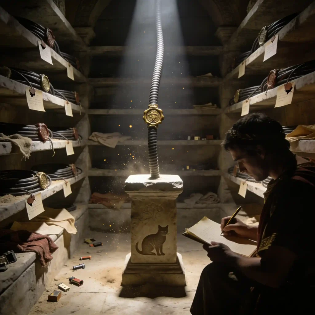 Câble rigide du Denon AH-D9200 isolé sur un socle de pierre dans une chambre de reliques romaines, entouré de preuves de défauts similaires, sous examen d'un scribe.
