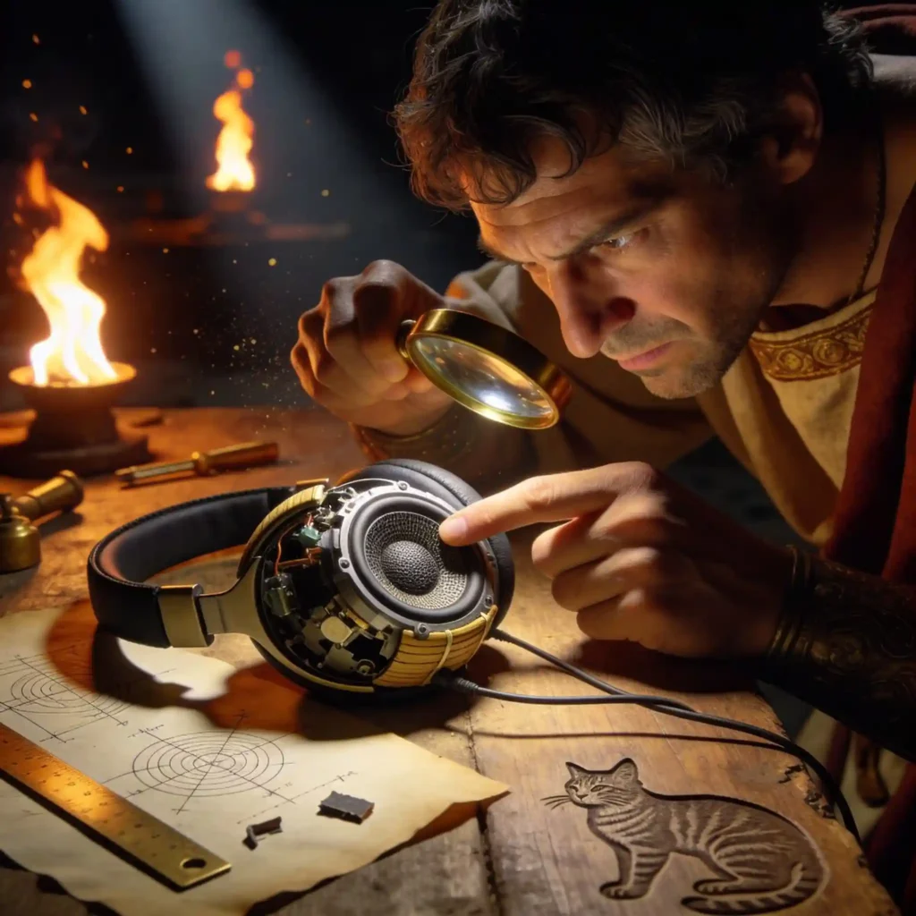 Ingénieur romain penché sur un établi, examinant au microscope de bronze le transducteur FreeEdge du casque Denon, pointant le défaut d'isolation acoustique.