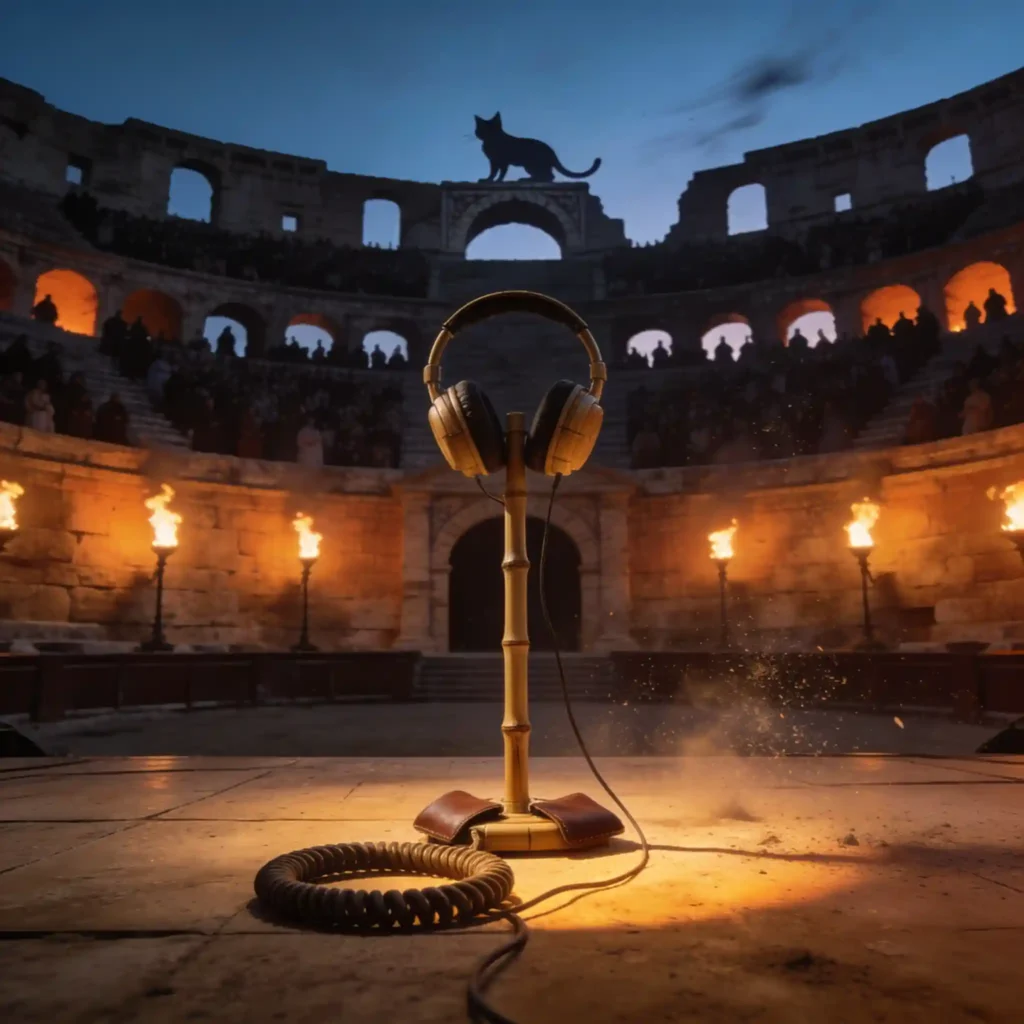 Casque Denon AH-D9200 seul sur la scène d'un amphithéâtre romain au crépuscule, jugé par une foule silhouettée dans les gradins, verdict final inévitable.