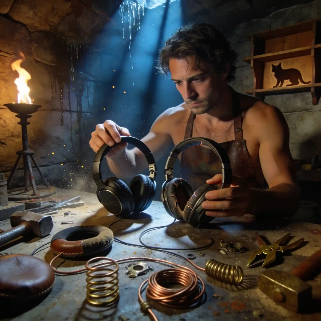 Ingénieur romain testant la robustesse des deux casques dans une salle souterraine, avec pièces détachées et outils de réparation