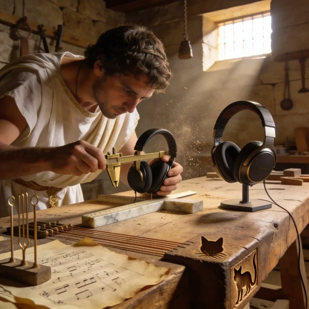Technicien romain mesurant la réponse fréquentielle d'un casque fermé avec instruments de mesure antiques dans un atelier acoustique