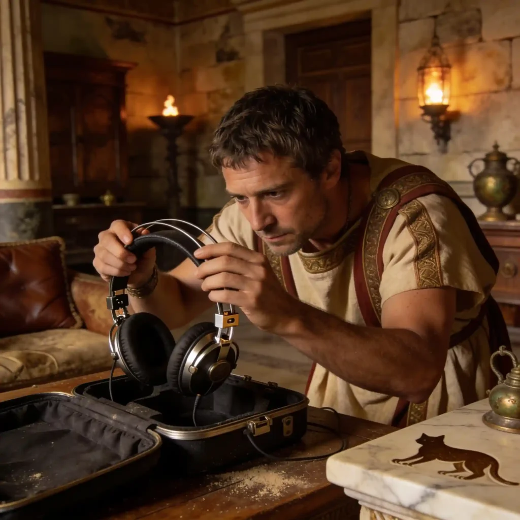 Philips Fidelio X2HR : Analyse de ce casque ouvert 6 Expert romain inspectant l'arceau auto-ajustable et les articulations du casque dans une villa, examen minutieux de la durabilité, environnement domestique antique.
