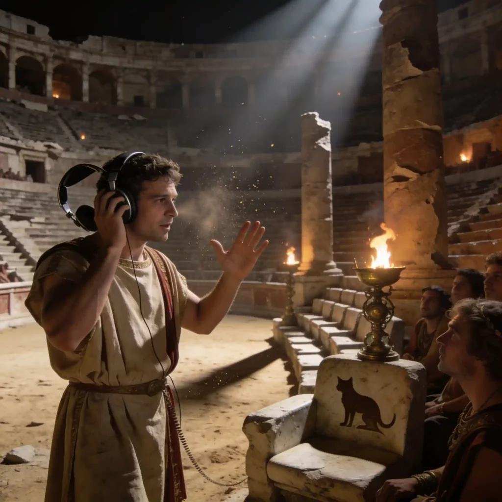 Philips Fidelio X2HR : Analyse de ce casque ouvert 5 Musicien romain démontrant la fuite sonore du casque ouvert dans un amphithéâtre ruiné, geste explicatif, spectateurs réagissant, torches vacillantes.
