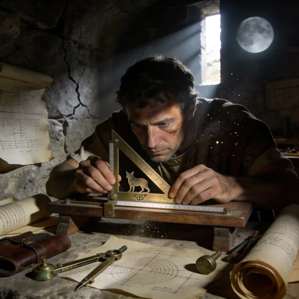 Philips Fidelio X2HR : Analyse de ce casque ouvert 4 Ingénieur romain penché sur les transducteurs de 50 mm, mesurant l'inclinaison à 15 degrés avec instruments en bronze, environnement souterrain éclairé à la lune.