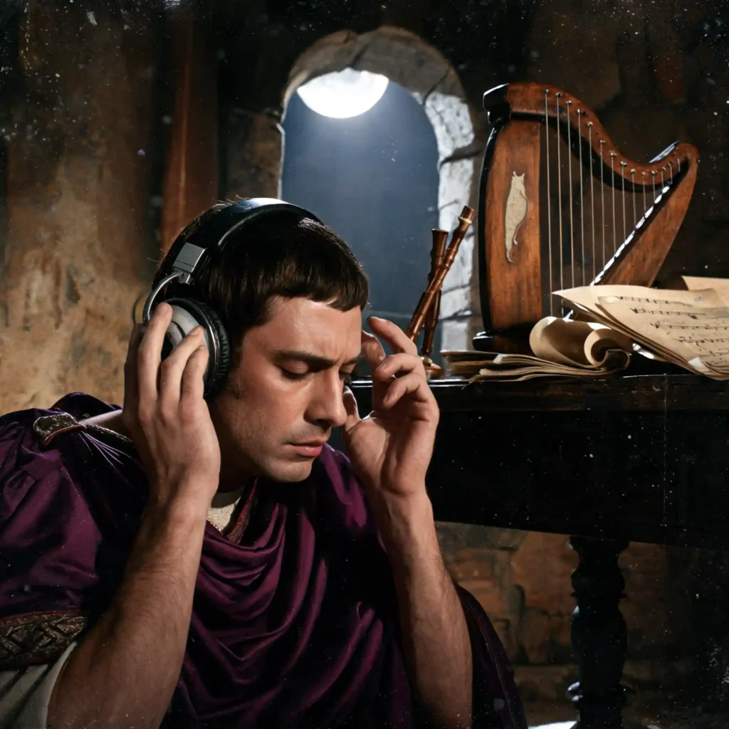 Musicien romain en toge pourpre écoutant attentivement avec un casque ouvert, instruments anciens en arrière-plan, lumière de clair de lune, villa romaine
