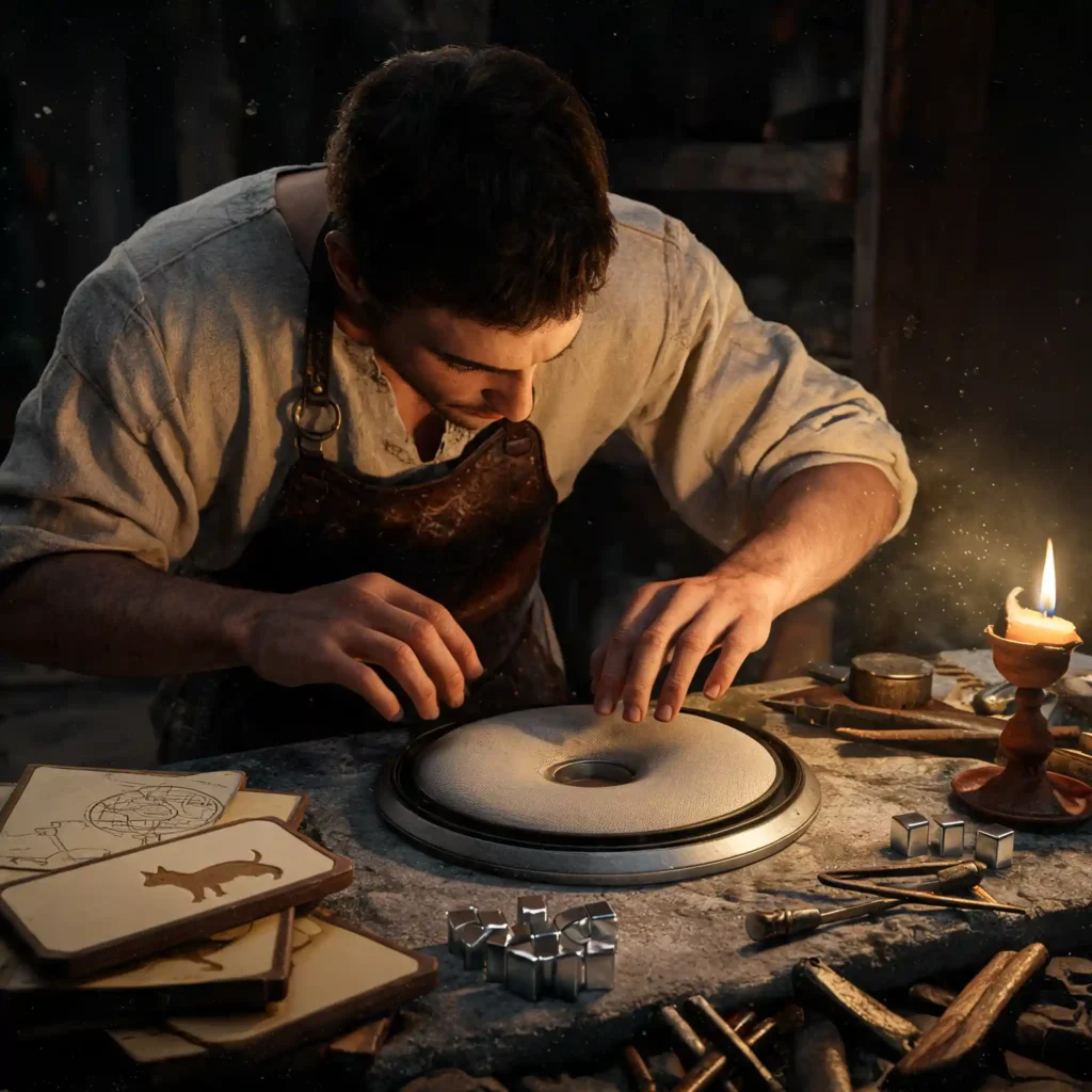 Artisan romain penché sur un établi examinant une membrane de transducteur de 50mm à la lumière d'une lampe à huile, schémas techniques sur tablettes de cire