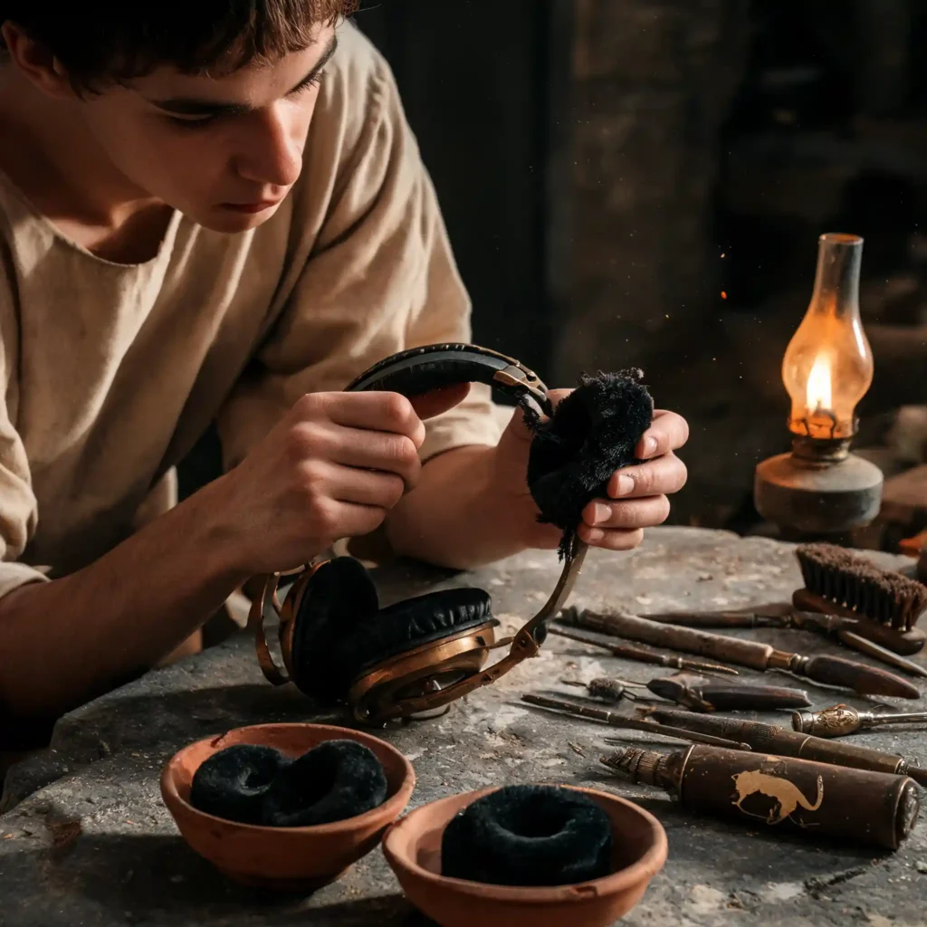 Apprenti romain retirant les coussinets usés d'un casque audio, nouveaux coussinets en velours en attente, outils de restauration en bronze, atelier souterrain
