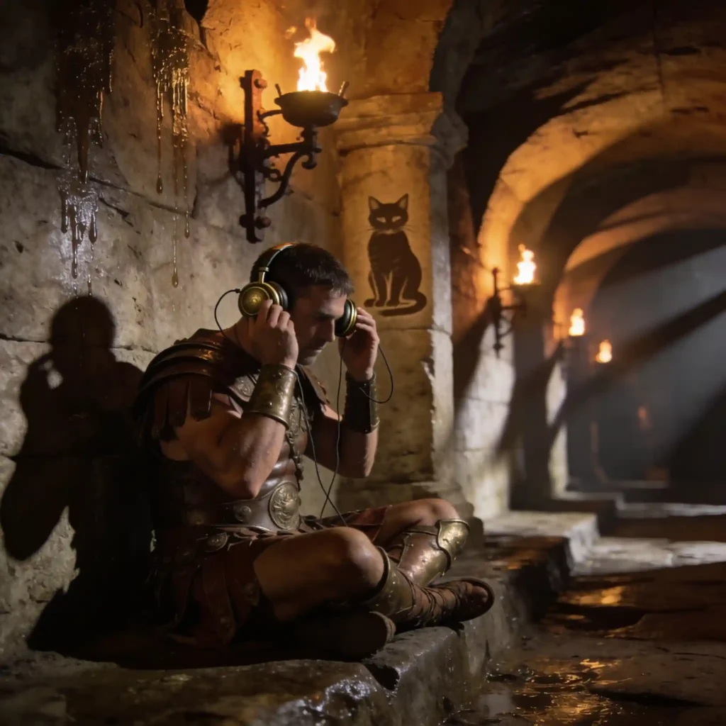 Gladiateur romain testant deux casques antiques dans les catacombes, mains actives, torchlight dramatique