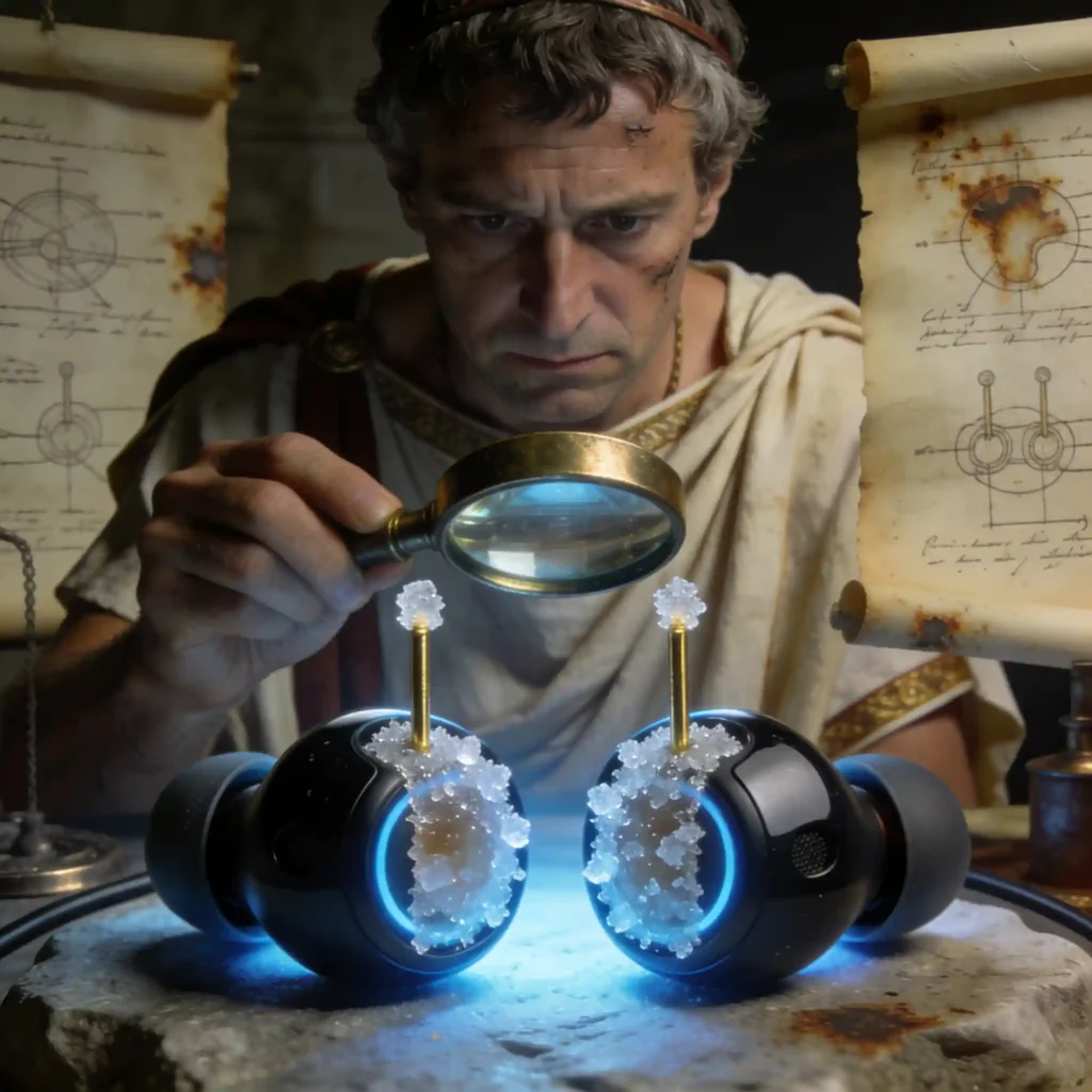 JBL Endurance Peak 3 : 5 problèmes et solutions en 2026 5 Gros plan diagnostic sur les connecteurs magnétiques oxydés des écouteurs. Lentille grossissante en bronze révélant l'accumulation de sébum et de cérumen. Lumière bleu-violet froide. Médecin romain préoccupé en arrière-plan flou.