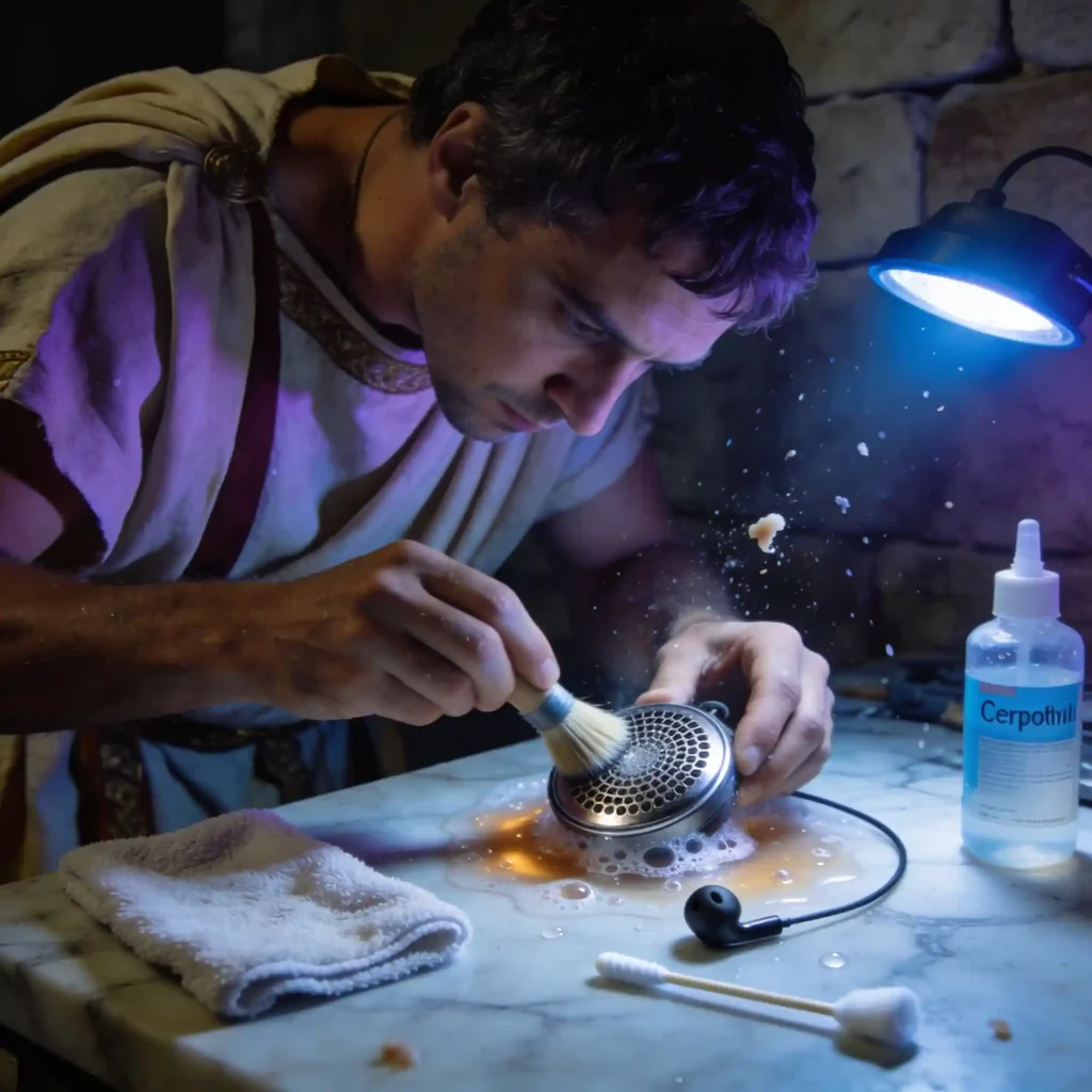JBL Endurance Peak 3 : 5 problèmes et solutions en 2026 6 Médecin romain nettoyant la grille acoustique d'un écouteur avec une brosse à poils souples. Gouttelettes d'eau savonneuse scintillant sous lumière froide. Coton-tige à l'alcool isopropylique visible. Résidus de cérumen flottants.