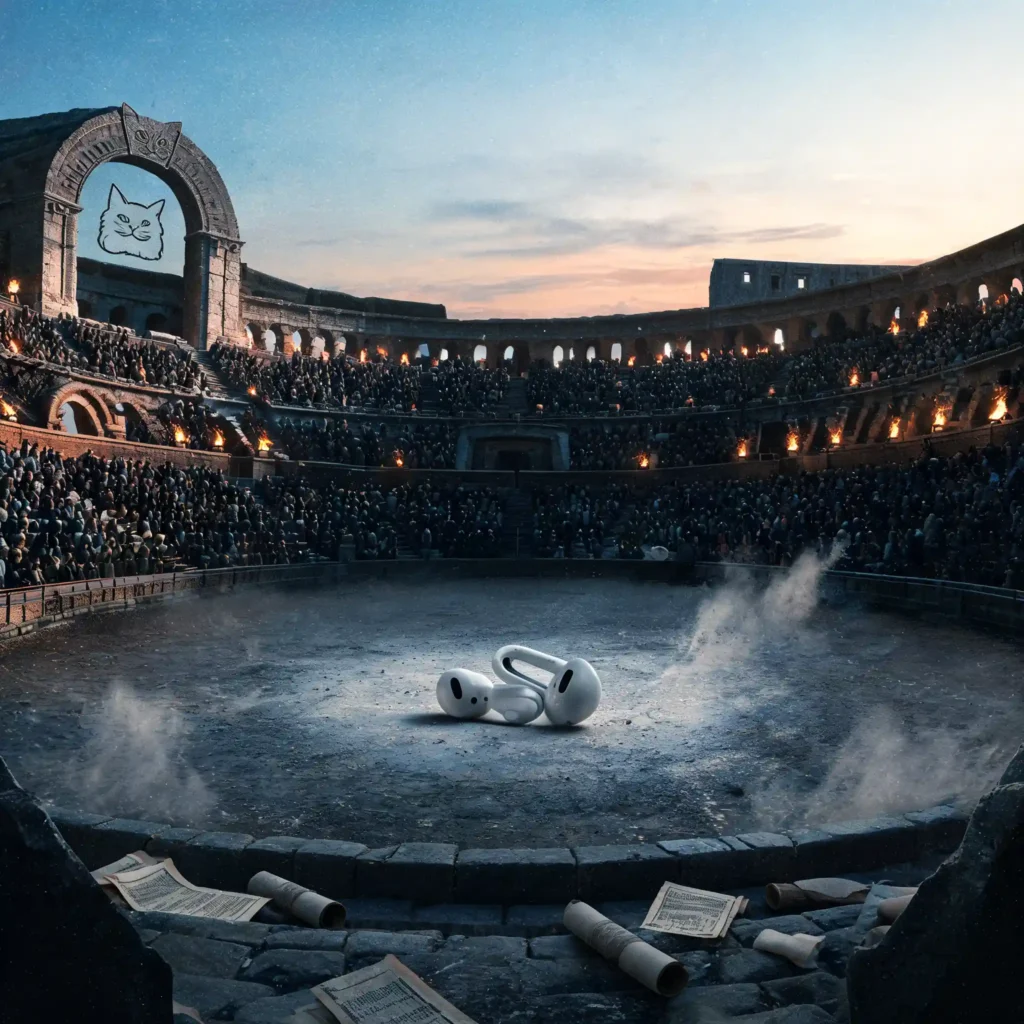Sony LinkBuds Clip : 5 problèmes et solutions (2026) 6 Amphithéâtre romain au crépuscule. Écouteurs LinkBuds Clip seuls au centre de l'arène sous lumière froide. Silhouettes de citoyens romains en jugement dans les gradins. Ciel fading bleu-gris, vent poussant la cendre. Parchemins de verdict déroulés.
