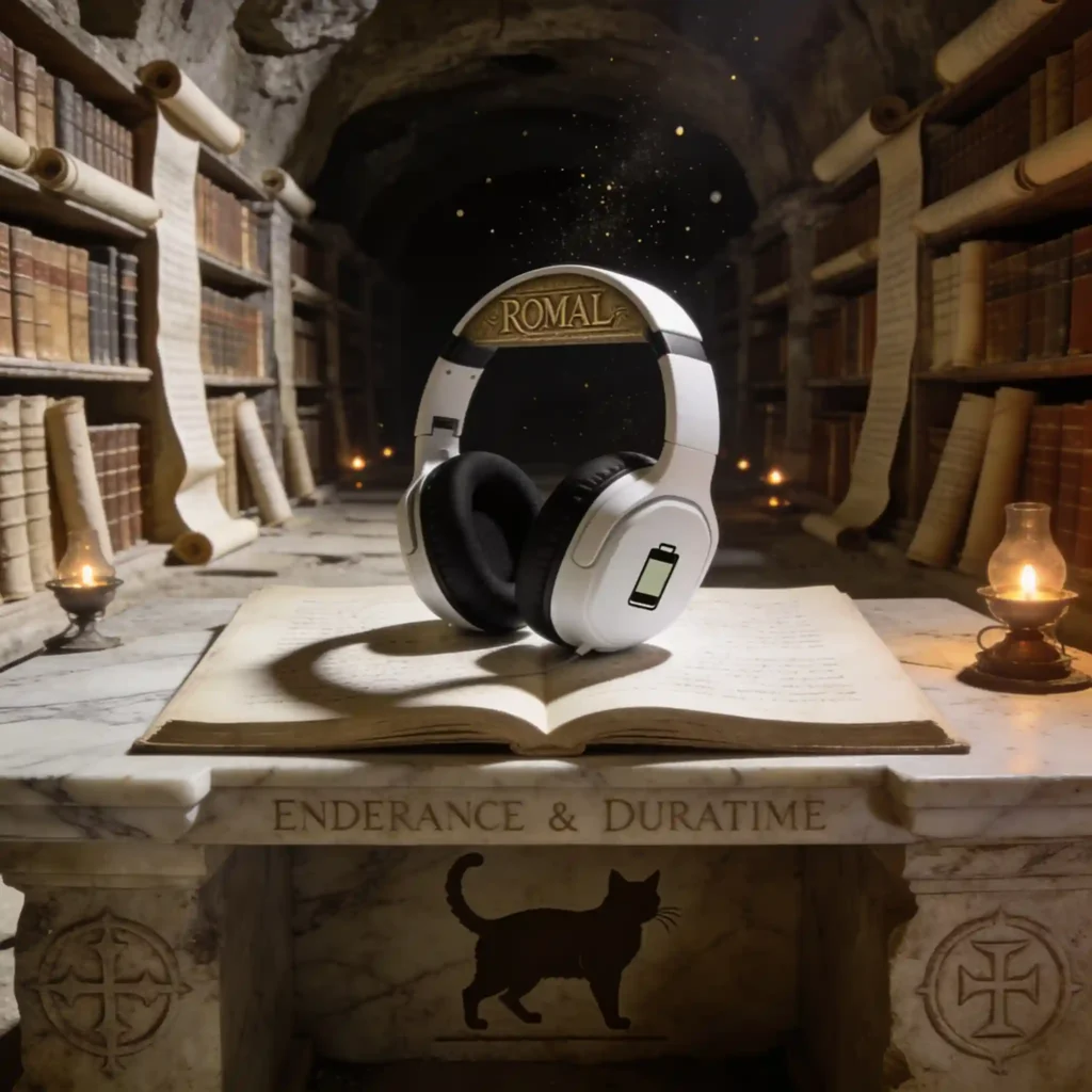 3 alternatives à l'Arctis Nova Elite pour le gaming en 2026 12 Bibliothèque romaine souterraine. Un casque blanc et noir avec batterie gravée repose sur un pupitre de marbre. Rouleaux, lampes à huile, symboles de durée. Grain 35mm.
