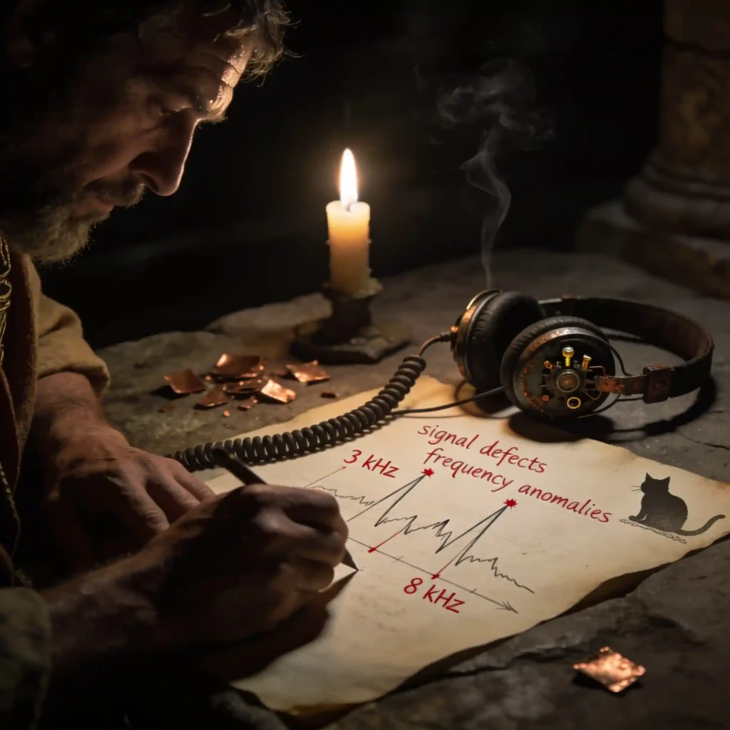 Scriptorium romain : scribe transcrivant les défauts de signal à la lumière d'une bougie, casque avec câble fixe visible, courbes de fréquences en rouge