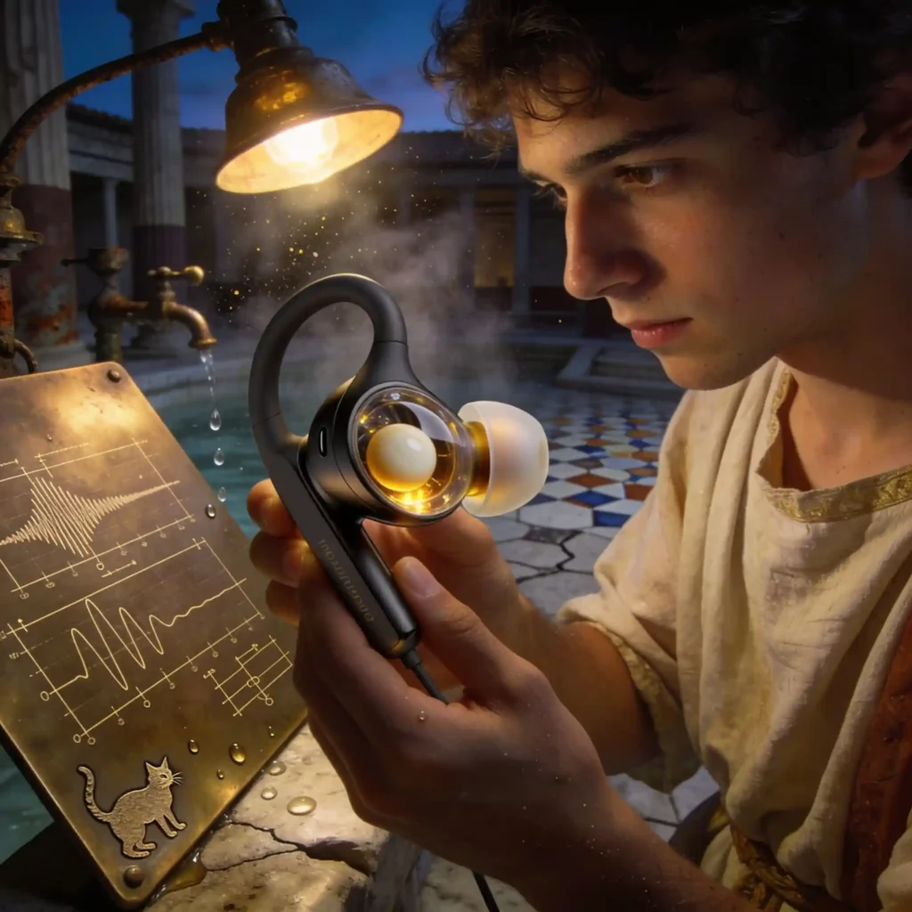 Nothing Ear (3) : le futur tueur des AirPods Pro en 2026 ? 5 Gros plan sur transducteur en céramique d'écouteur premium dans les thermes romains, diagrammes techniques en bronze, vapeur et grain 35mm