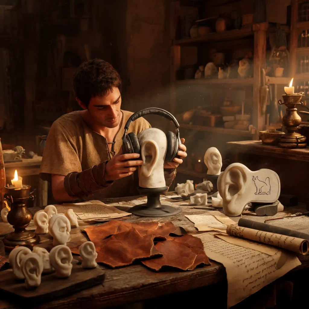 Atelier artisanal romain chaleureux avec le Meze Liric II sur établi en bois, artisan testant l'ajustement ergonomique sur forme d'oreille, lumière ambrée, cuir et moules. Chat sibérien gravé sur moule.