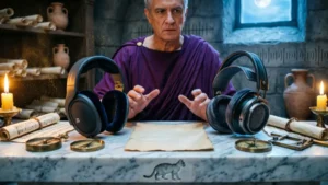 Préteur romain en robe pourpre examinant deux casques audio premium sur marbre blanc sous lumière de bougie, verdict suspendu, scriptorium acoustique antique.
