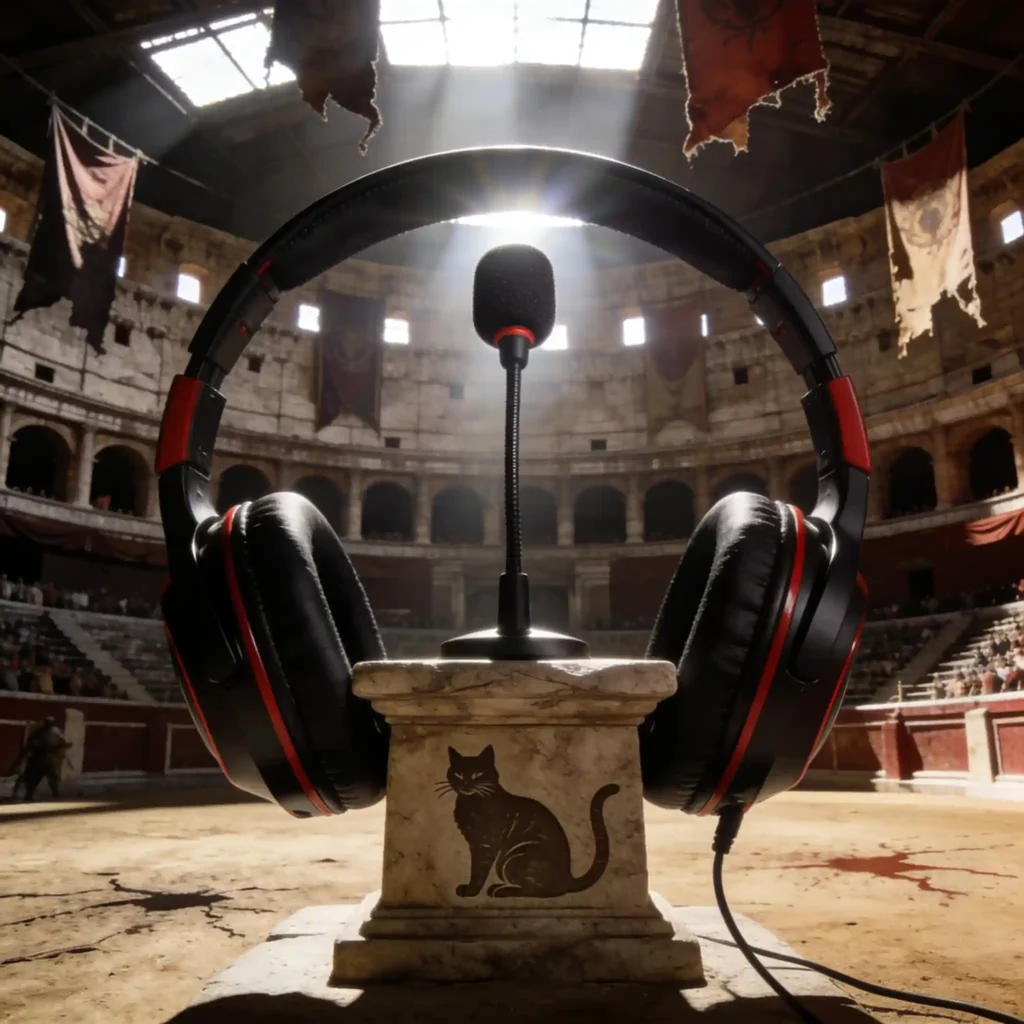 3 alternatives à l'Arctis Nova Elite pour le gaming en 2026 7 Arène de gladiateurs romaine. Un casque noir et rouge avec micro imposant trône sur un autel de combat. Faisceaux de lumière, bannières déchirées, grain 35mm.
