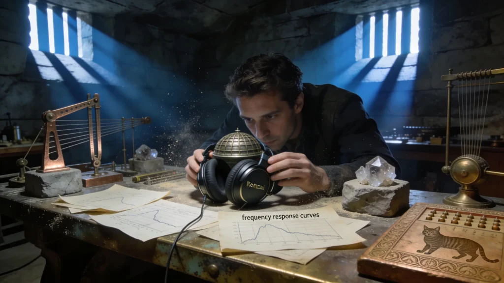 Laboratoire acoustique romain souterrain avec le Focal Stellia sur établi de bronze, acousticien penché sur l'instrument, lumière bleue froide, cristaux de béryllium et parchemins techniques. Chat sibérien gravé sur tablette.