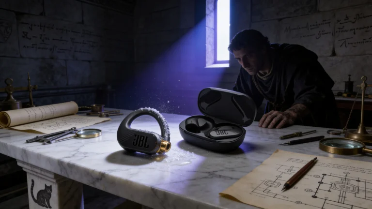 JBL Endurance Peak 3 : 5 problèmes et solutions en 2026 17 Table d'examen médicale romaine en marbre froid. Écouteurs sportifs JBL Endurance Peak 3 posés comme un patient. Outils de diagnostic en bronze, parchemins techniques, lumière bleu-violet froide révélant l'oxydation des contacts. Médecin-ingénieur en toge sombre penché sur l'artefact.
