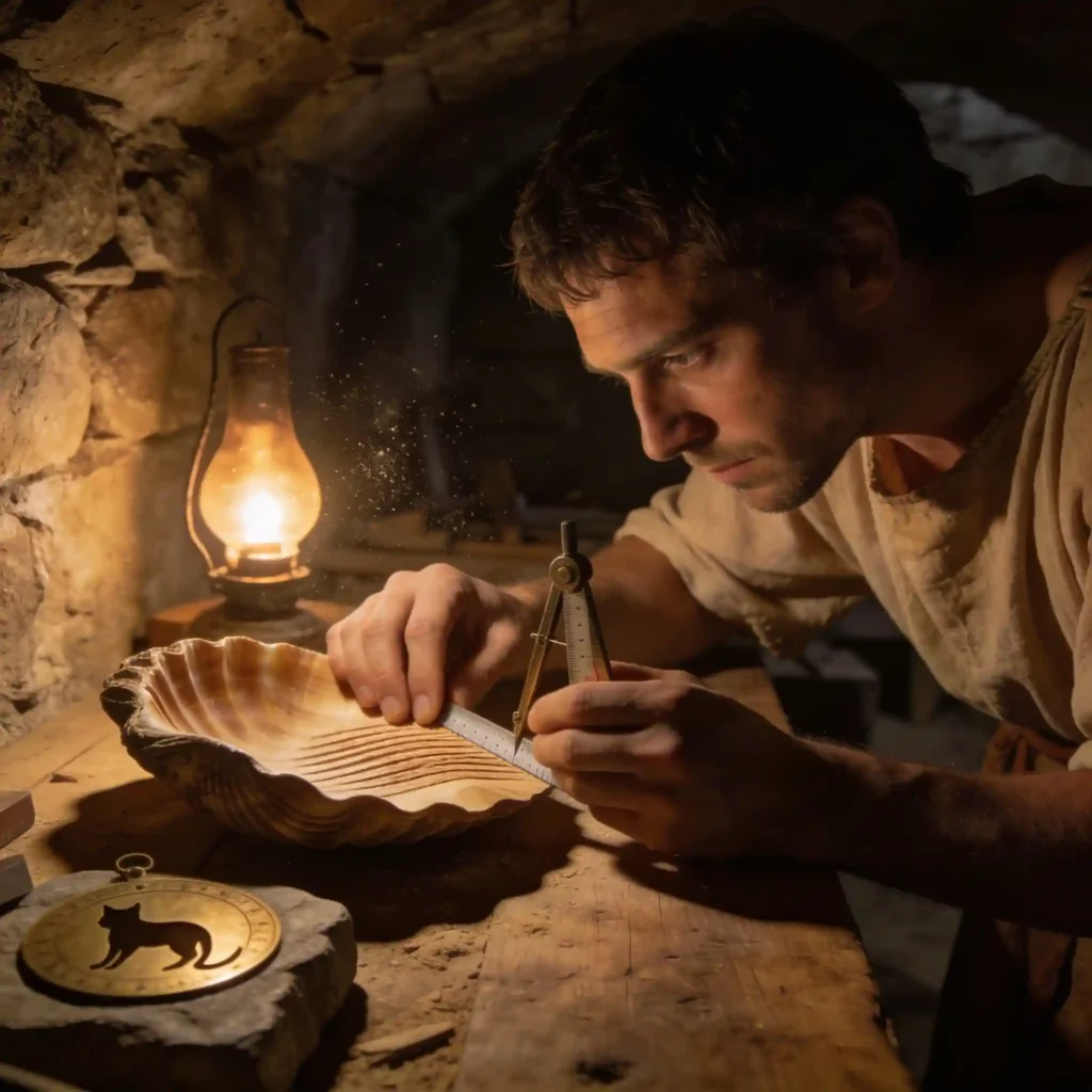 Artisan romain en lin penché sur établi, inspectant coque en bois massif à la main, compas en bronze, lampe à huile, crypte souterraine, grain 35mm.