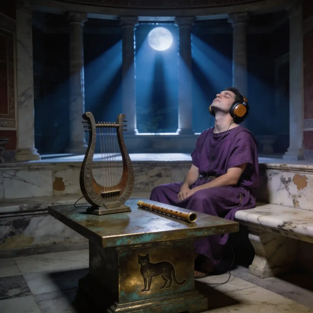 Musicien romain en pourpre assis, casque aux oreilles en posture d'écoute intense, villa triclinium, lumière lunaire froide, instruments anciens, grain 35mm bleuté.