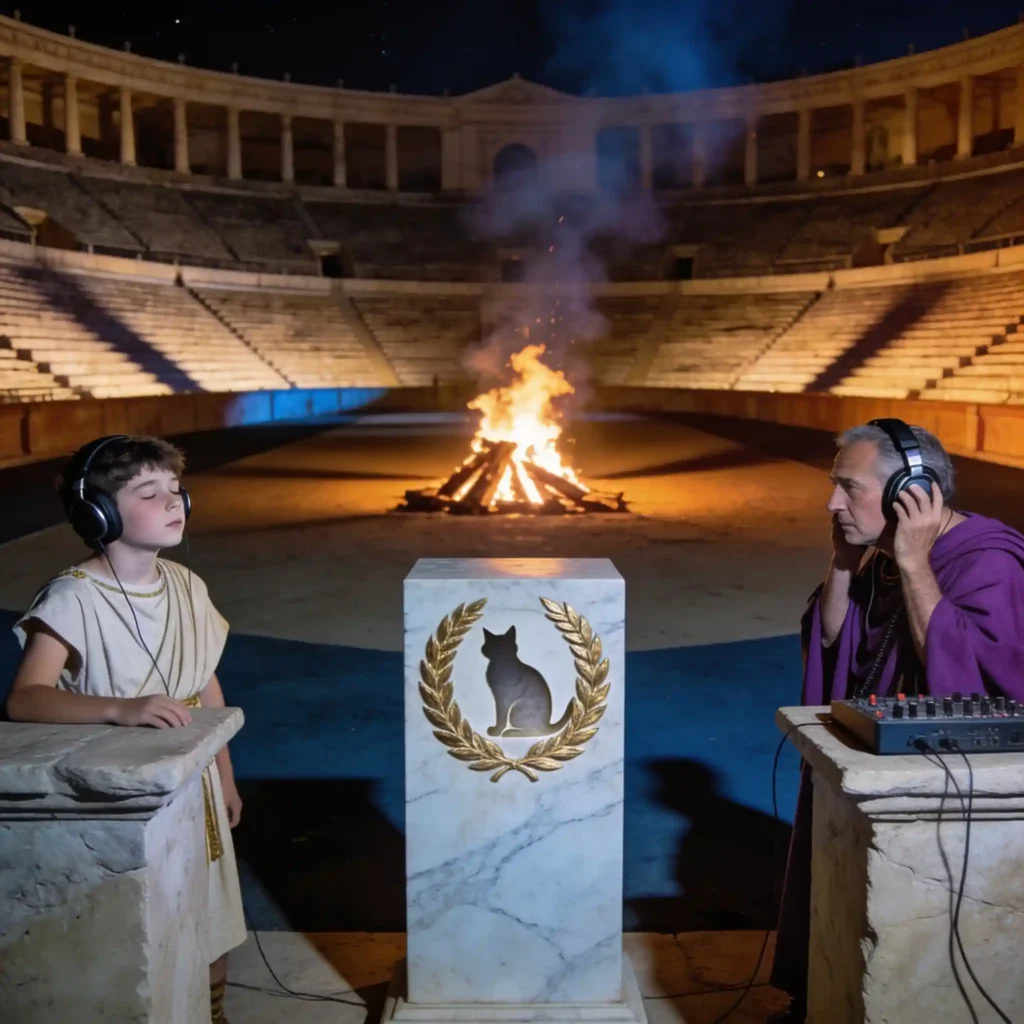 Amphithéâtre romain : apprenti débutant et ingénieur pro portant chacun un casque, couronne de laurier au centre symbolisant le verdict