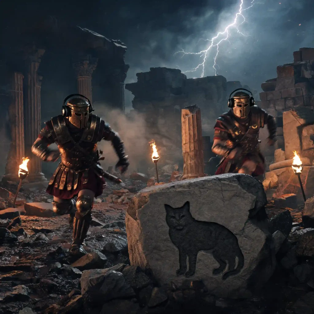 Deux légionnaires romains testant les casques en conditions de bataille nocturne, mouvements rapides, terrain rocailleux, torches et fumée.