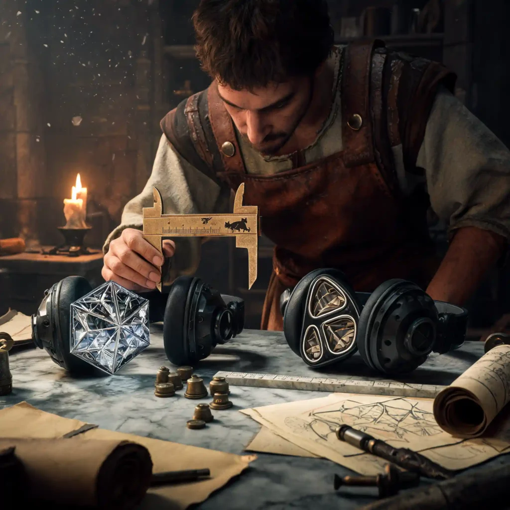 Artisan romain examinant les transducteurs des deux casques avec des instruments de mesure en bronze, lumière de bougie dramatique, atelier de précision.