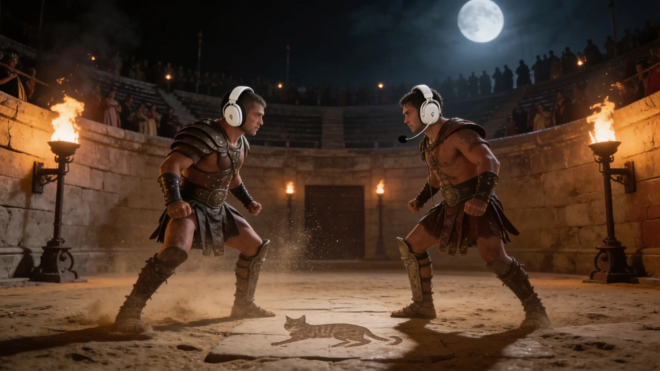 Deux gladiateurs romains armés de casques esports Logitech et Razer face à face dans une arène nocturne illuminée par des torches, poussière de sable en suspension, foule silhouettée.